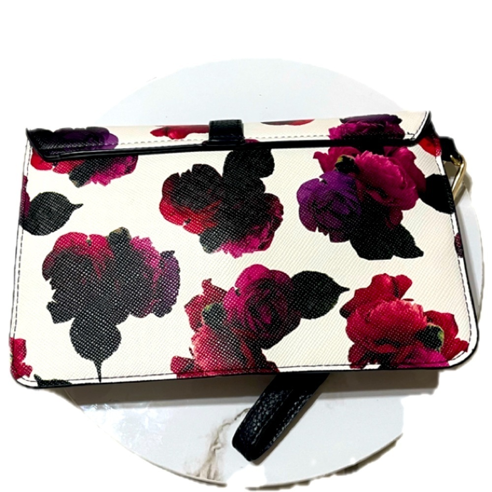 Charming Charlie Floral Rose Clutch Bag Purse Black Pink Purple Magnetic, NWOT - Picture 13 of 15